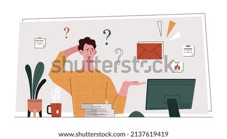Man working remotely. Freelancer and employee, graphic elements for website. Young man in front of monitor or display. Deadline and overworked employee puzzled. Cartoon flat vector illustration