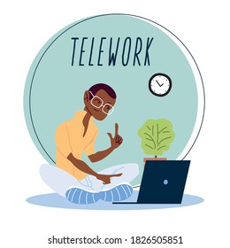 man working remotely from her home, telework vector illustration design