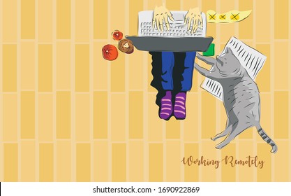 A man working remotely in home with the cat. Comfortable working in home. Work from home. Vector element and background