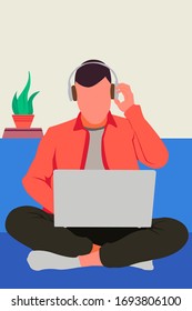 A Man Working Remotely at Home With Laptop, Sitting on Blue Sofa Vector Illustration
