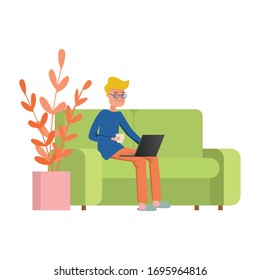 Man working remotely from home, office in comfortable conditions with laptop. Freelance and remote work. Freelancer working remotely sitting on sofa. Vector illustration, isolated on white background