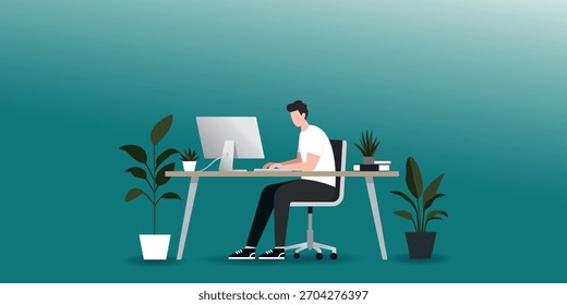 Mann, der remote vom Heimbüro-Arbeitsplatz auf dem Computer arbeitet