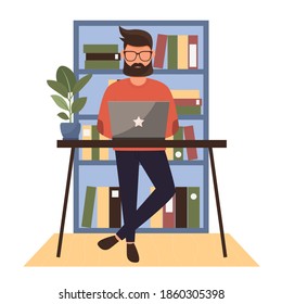 Man working remotely from home. Man standing by the table. Vector illustration.