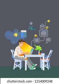 Man Working Remotely at Home Using Laptop Computer and Network Internet. Workplace for Self Employed Worker Web Programer. Flat Vector Illustration People, Texnology and Fresh Creative Ideas