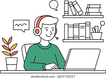 A man is working remotely from home using a laptop and headphones