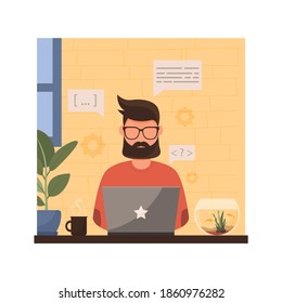 Man working remotely from home. Vector illustration.