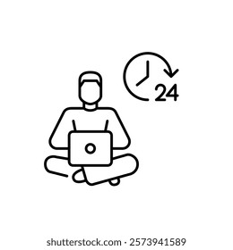 Man working remotely at laptop and 24 hours clock. Nonstop digital presence, freelance opportunities. Pixel perfect vector icon