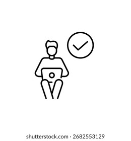 Man working remotely at laptop with checkmark, verified access, secure profile. Pixel perfect, editable stroke vector icon