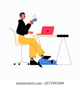 Man Working Remotely With Laptop And Coffee In Flat Vector Illustration Symbolizing Remote Work, Productivity, And Comfort, Isolated On White Background.