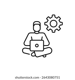 Homem trabalhando remotamente no laptop e roda dentada. Gerenciamento de contas, otimização de fluxo de trabalho, painel de controle administrativo, configurações de espaço de trabalho digital, personalização da interface do usuário Pixel perfect, verbo de traçado editável