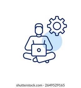 Man working remotely at laptop and cogwheel. Account management, workflow optimization, admin control panel, digital workspace settings, user interface customization Pixel perfect, editable stroke vec