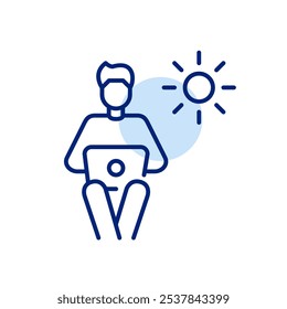 Man working remotely from laptop during office hours. Pixel perfect vector icon