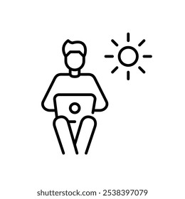Hombre trabajando remotamente desde la computadora portátil durante las horas de oficina. Icono de trazo perfecto y editable del píxel