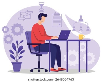 Man working remotely with laptop and headset  
