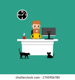 Man working remotely. Men working at home. Stay home to prevent the coronavirus(Covid-19). Virus protection concept. Vector illustration.
