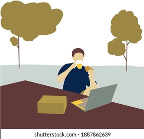 Man working remotely on his laptop and eating breakfast on a table outdoor among the trees at home. The company allows employees to work from home to avoid viruses.