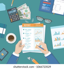 Man working with a report. Accounting, research, data analysis, audit, calculation. Businessman hands with paper documents, forms, notebook, calculator, money, marker, glasses. Vector Top view
