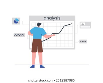 Man working in room. Analyzing with data graph analysis board. Design character. Vector flat illustration