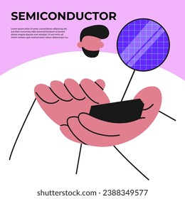 Desarrollo de chips para teléfonos. Inteligencia artificial sobre elementos semiconductores. Industria de semiconductores. Ilustración vectorial plana en estilo de dibujos animados.