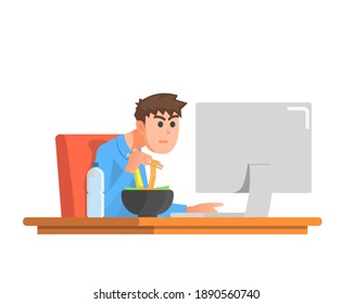 a man working seriously while eating his food