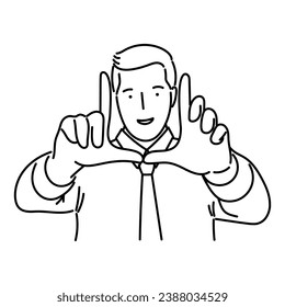 Man with working shirt making a finger gesture. Vector illustration in minimalist outline style.