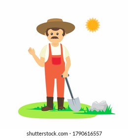 Man working with a shovel in the garden, vector illustration