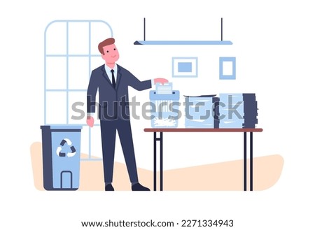Man working with shredder. Office workplace. Worker shredding stack of documents. Paper pages piles on table. Dustbin for confidential destroyed sheets. Corporate privacy