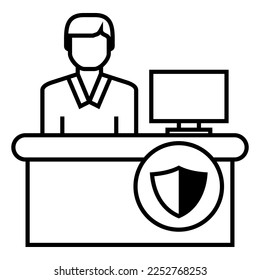 Man working, sitting behind the desk, front office, officer, IT admin, staff, security with shield protection logo symbol vector design illustration icon.