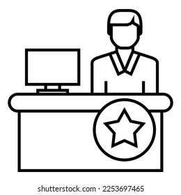 Mann arbeitet, sitzt hinter dem Schreibtisch, Büro, Offizier, Administrator, Personal, Buchhalter mit Sternzeichen Symbol Vektorgrafik Symbol.