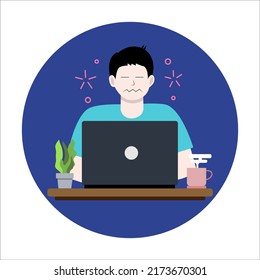 a man is working sleepily. drowsy a man is working on a laptop with coffee and trees next to him. vector flat design illustration