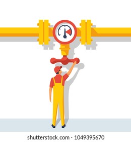 Man working standing on the pipeline opening the valve. Gas pipeline. Oil and gas operations. Flow control. Vector illustration flat design. Isolated on white background. 