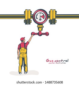 Man working standing on the pipeline opening the valve. Gas pipeline. Oil and gas operations. Flow control. Vector illustration flat design. Isolated on white background. 