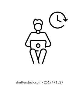 Man working or studying at laptop and clock. Deadline, work time management and tracking. Pixel perfect vector icon
