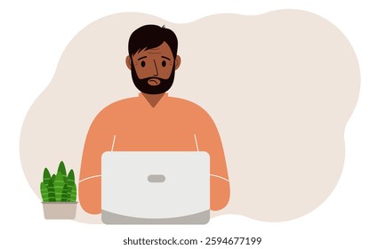 A man is working or studying at a laptop. Freelancing or distance learning and work concept. Vector flat illustration.