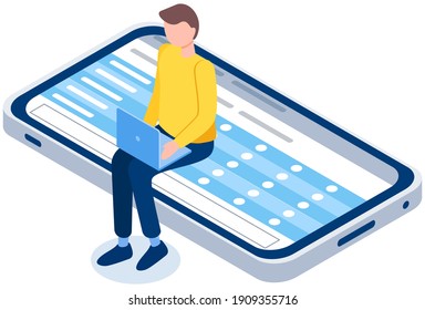 Man working or studying on laptop vector illustration. Guy sitting on mobile phone screen. Online learning concept. Smartphone showing plan or schedule on screen. Male character study using computer
