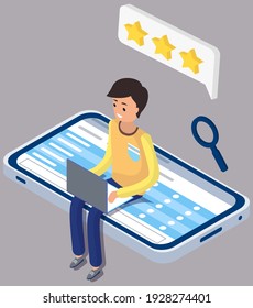 Man is working or studying on laptop. Work with star rating system. Online learning concept. Cartoon character evaluating test and summarizing results. Smartphone showing plan or schedule on screen