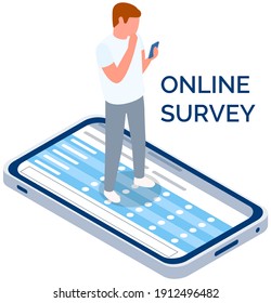El hombre está trabajando o estudiando en el smartphone. Concepto de aprendizaje en línea. Caricatura evaluando la prueba y resumiendo los resultados. Teléfono que muestra el plan o la programación. Programación de análisis de expertos en pantalla