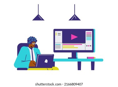 Man working or studying online, cartoon flat vector illustration isolated on white background. Freelance and outsource, internet career and education opportunity.