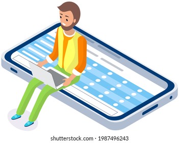 Man working or studying online. Guy with laptop sitting on mobile phone screen. Online learning concept. Smartphone showing plan or schedule on screen. Male character studying using computer