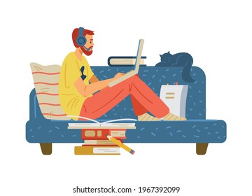 Man working or studying remotely at home with his laptop. Young guy studying online or participating in webinar, flat vector illustration isolated on white background.
