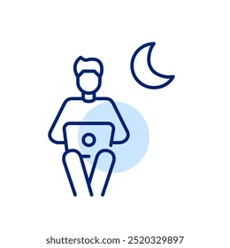 Man working or studying remotely at laptop and moon. Late night productivity. Pixel perfect, editable stroke icon