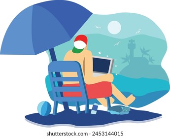 A man is working or studying while on holiday at the beach