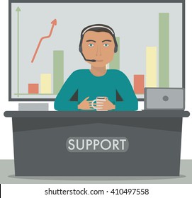 Man working in support, call center manager, secretary at the reception.Vector illustration.