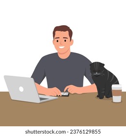 Man working at the table with a cat and coffee on the table. Flat vector illustration isolated on white background