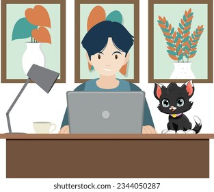 Man working at the table with a cat illustration