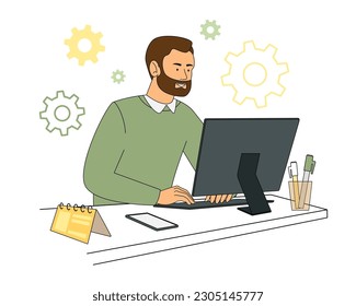 A man working at a table with a computer in home clothes, with a cactus and a cat. Vector illustration in flat cartoon style.