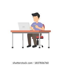 Man working in table while sitting in chair with laptop vector flat illustration drinking 