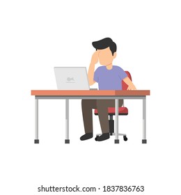 Man working in table while sitting in chair with laptop looking confused flat illustration design vector