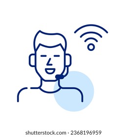 Man working at tech support desk. Online call centre. Pixel perfect icon