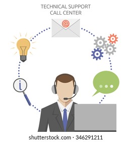 Man working in technical support call center, flat style. EPS 8 vector illustration, no transparency